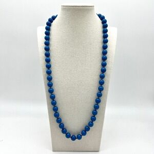 Beaded Necklace Blue Lucite Round Beads Gold Accents Costume Jewelry 28‎ Inch
